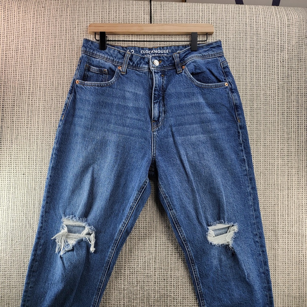 Clockhouse Jeans Womens 42 Blue High Rise‎ Mom Distressed Ripped Knees Denim